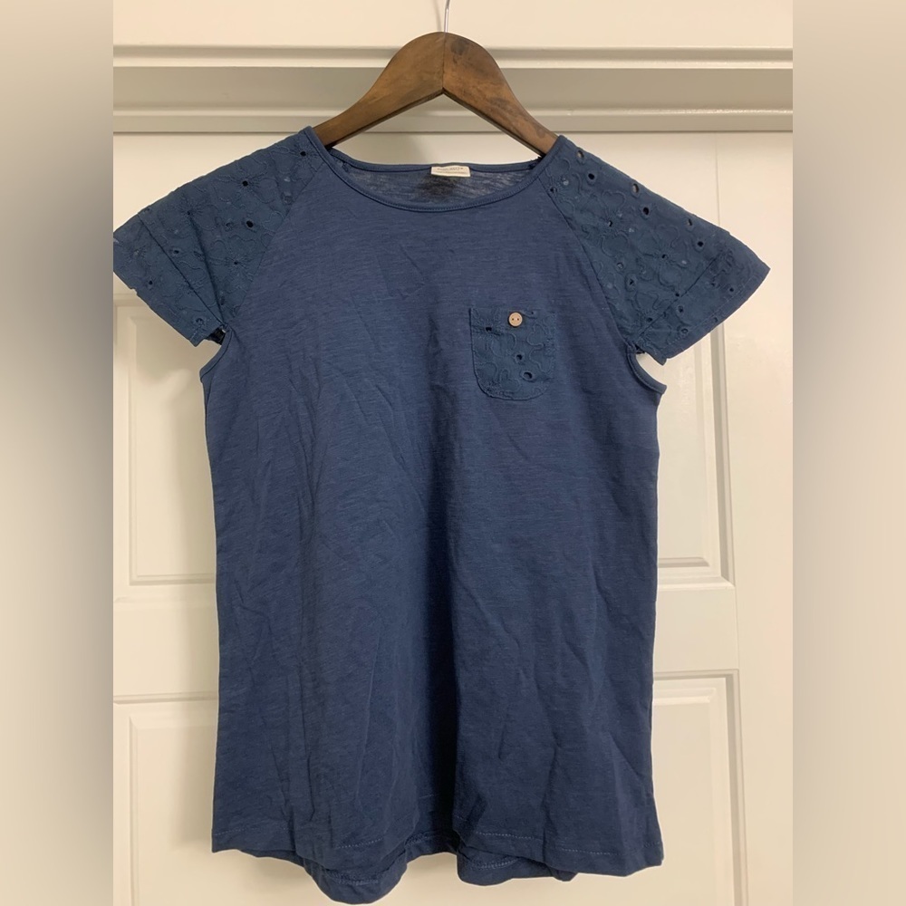 NWOT ZARA Girls Kids Blue Embroidered Cap Sleeve Pocket School Top Shirt 10 (A5)